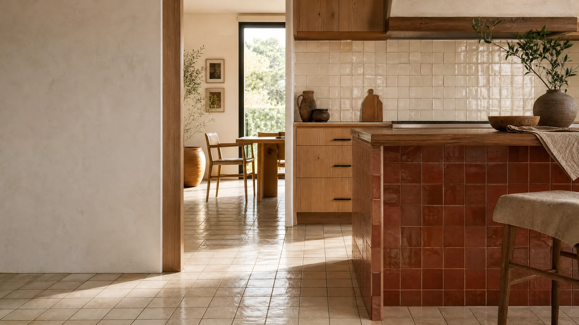 Warm California kitchen with a handmade tile floor and clay-red tile island